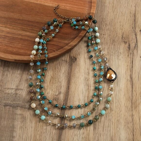 Multi-Layered Green Natural Stone & Glass Bead Necklace Boho-Chic Spring - Picture 2 of 4